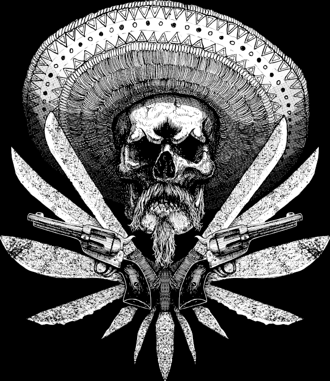 Mexican Skull with Revolvers and Machetes